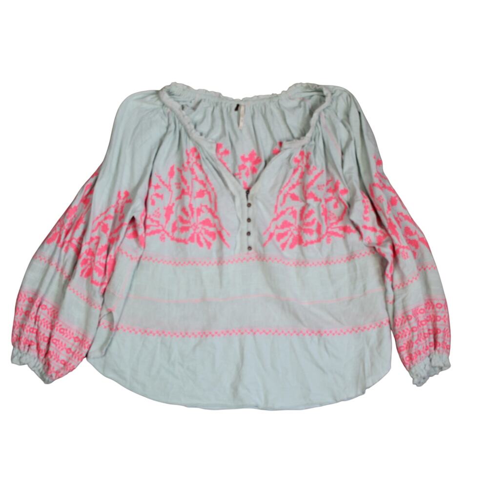 Free People Womens Medium Boho Peasant Top Gray Pink Embroidered Festival